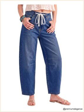 Baggy High Waisted Drawstring Barrel Jeans Stretchy Women Denim Pants